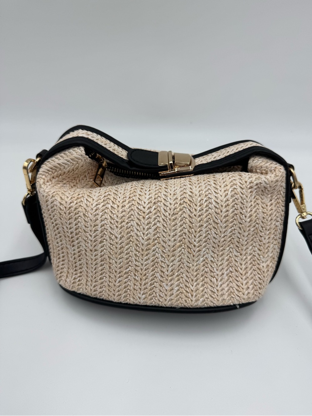 Woven Crossbody Bag with Black Trim - Cream